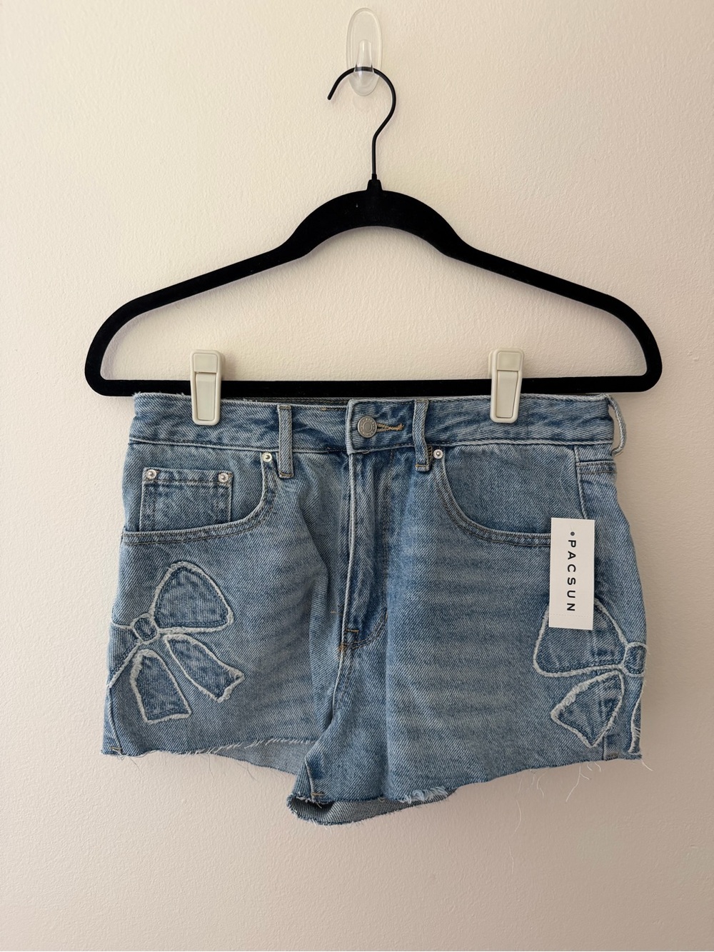PacSun Light Blue Denim Shorts with Embroidered Bow Details